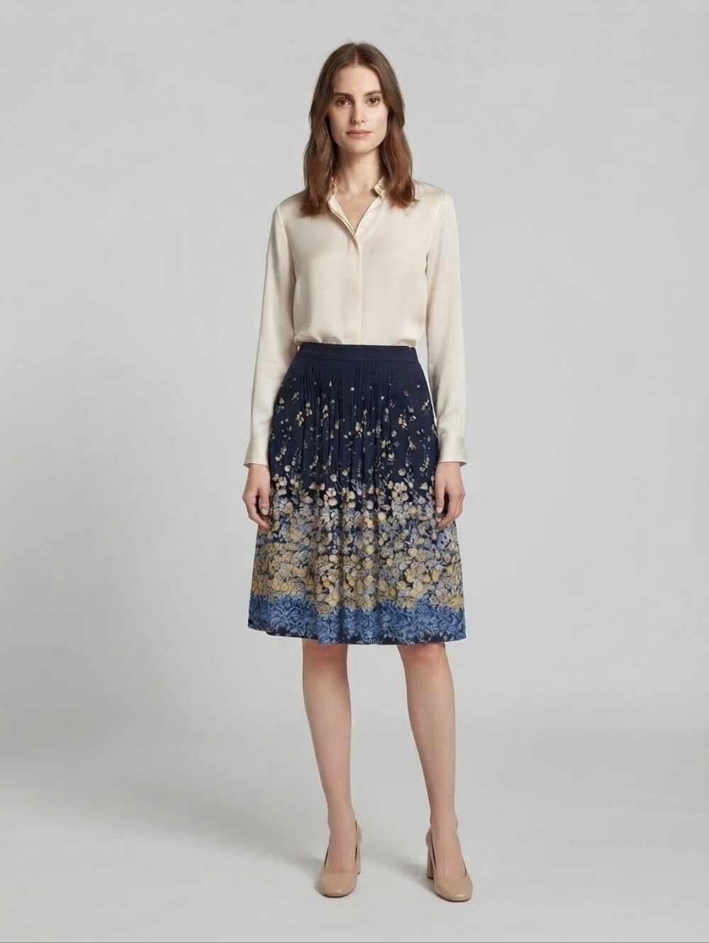 Papa Vancouver Midi Skirt Floral Pleated Elastic Waist Navy Blue Size M